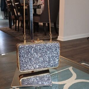 henri bendel Party Box Silver Glitter Clutch with Gold Trim